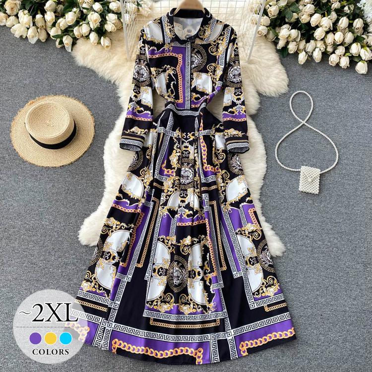 安い大人気 ワンピース レディース レディースファッション 長袖 ロング丈 襟付き 柄 総柄 個性的 大人スタイル ブラック イエロー ブルーお出かけ イベント清楚 Pkt04 クリアランス割引品 Maincoffee Com Ec