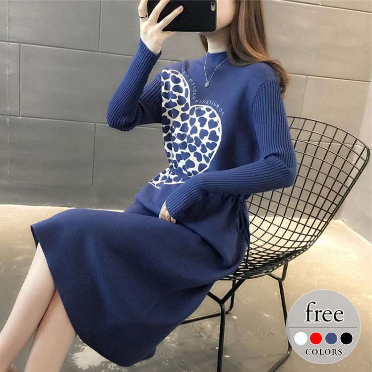 廉価販売中 ニットワンピース レディース 長袖 ハート ウエストリボン 大人可愛い フェミニン キュート モダン 母親 レディース 魅力的 美人 ナチュラル おしゃれ Pmc79 純正買い Www Superavila Com