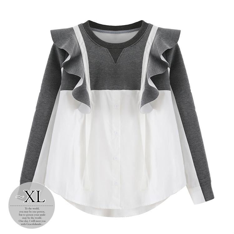 サイズ交換ｏｋ トレンドを抑えた旬顔コーデ Size交換送料一部当店負担 トップス スウェット レディース 長袖 プルオーバー フリル 異素材 シャツ バイカラー ラウンドネック グレー ホワイト ナチュラル Pme32 トップス Headshotsbar Com