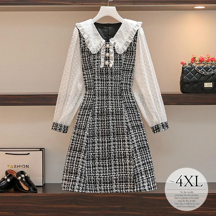 憧れ パーティー 結婚式 服装 ワンピース ツイード風 フリル パールボタン 襟付き モノトーン フェミニン ガーリー 膝丈 キュート ブラック ミセス Pme54 ワンピース サイズ 4xl Raffles Mn