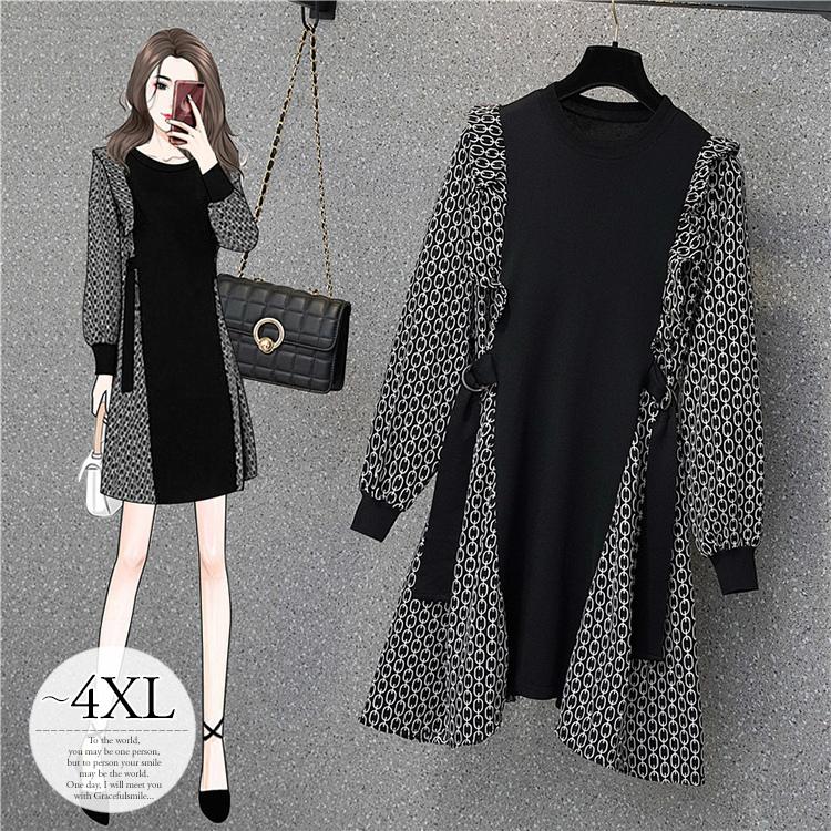 定番 ワンピ レディース ワンピース 服装 結婚式 パーティー 長袖 モダン Pmg09 ブラック シック モノトーン チェーン柄 ドッキング シャツ ニット 異素材 ワンピース カラー 1 Color Www 11thspace Com