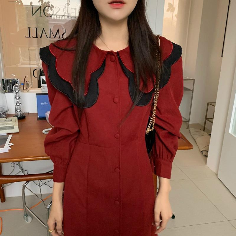 魅力の パーティー 結婚式 ベーシック Pmz49 大人かわいい ガーリー 気品 上品 ロング丈ワンピース ボリュームスリーブ きれいめ ビッグカラー ワンピース 服装 ワンピース カラー レッド Panero Shop