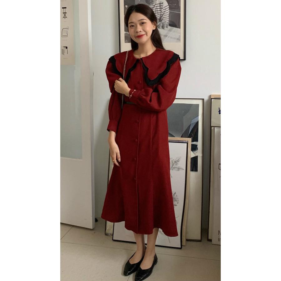 魅力の パーティー 結婚式 ベーシック Pmz49 大人かわいい ガーリー 気品 上品 ロング丈ワンピース ボリュームスリーブ きれいめ ビッグカラー ワンピース 服装 ワンピース カラー レッド Panero Shop