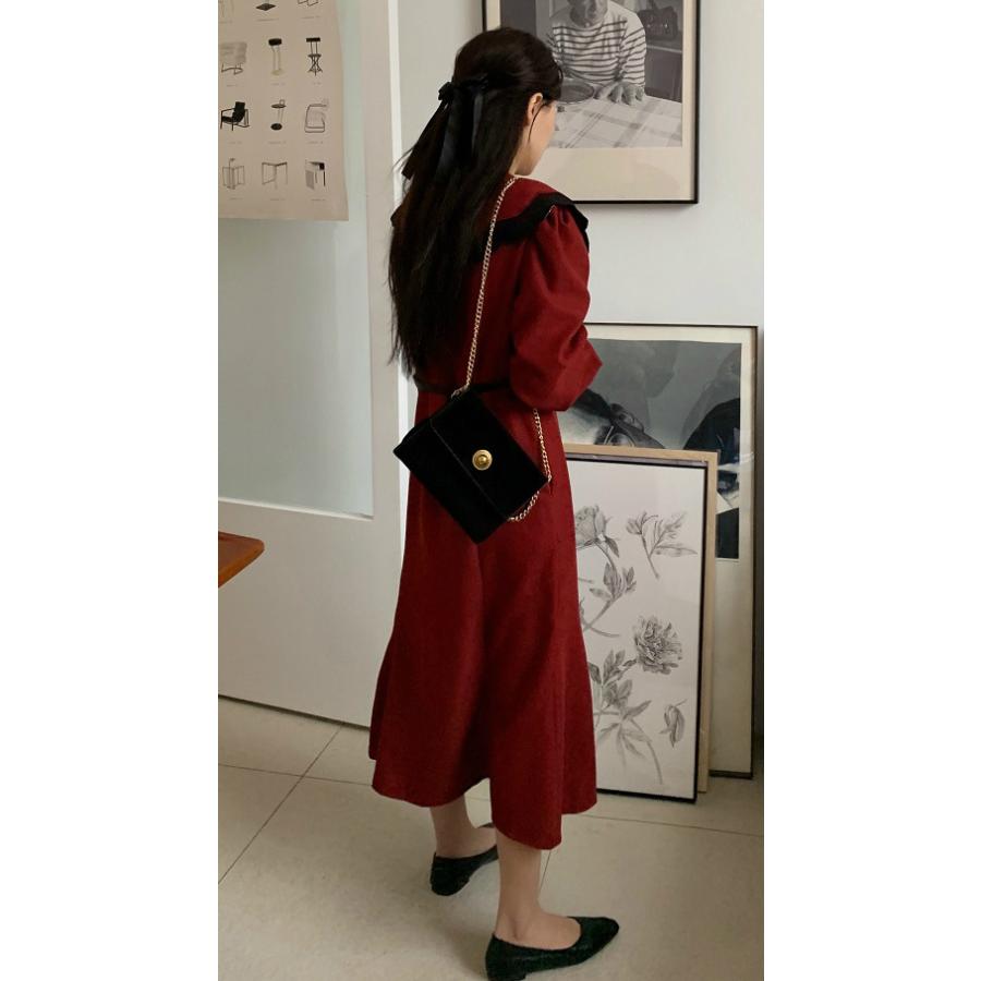 魅力の パーティー 結婚式 ベーシック Pmz49 大人かわいい ガーリー 気品 上品 ロング丈ワンピース ボリュームスリーブ きれいめ ビッグカラー ワンピース 服装 ワンピース カラー レッド Panero Shop