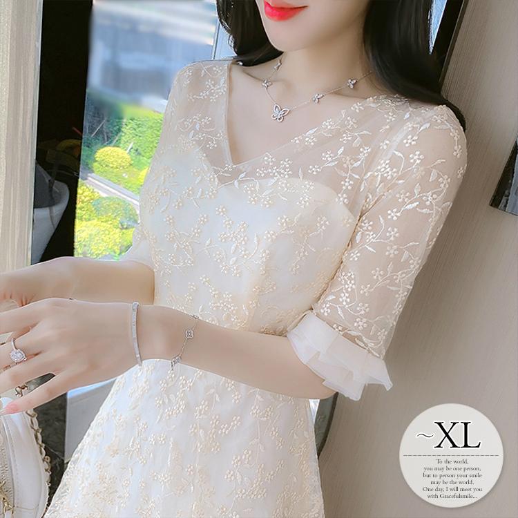 休日限定 ワンピース 春 きれいめ Vネック デコルテシースルー 切り替え 透け感 大人かわいい ラブリー フェミニン ベージュ ホワイト ママ リラックス 美人 Poc39 ワンピース サイズ L Raffles Mn