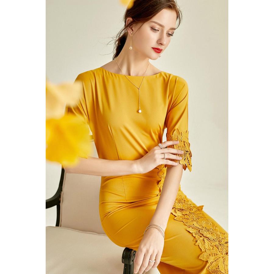 一流の品質 上品 オレンジ パーティードレス パフスリーブ ワンピース デート フォーマル ドレス