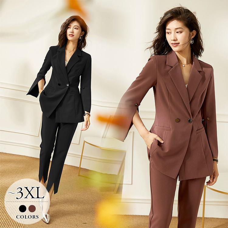 Seal限定商品 パンツスーツ テーラード ダブル ストレートパンツ 無地 マニッシュ スリット パーティーコーデ クール ブラウン ブラックレディース シンプル Rca15 Seal限定商品 Kuljic Com