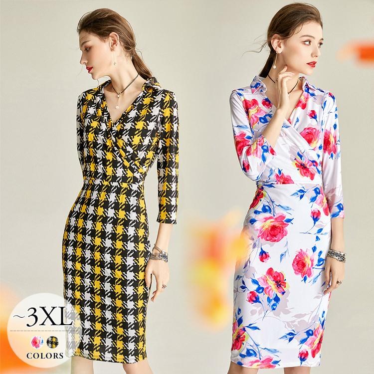 ワンピース タイトワンピース 七分袖 膝丈 膝上 カシュクール ｖネック 総柄 花柄 千鳥柄 エレガント ホワイト イエロー お呼ばれ Rca77 Rca77 ライバルはデパートgracefulsmile 通販 Yahoo ショッピング