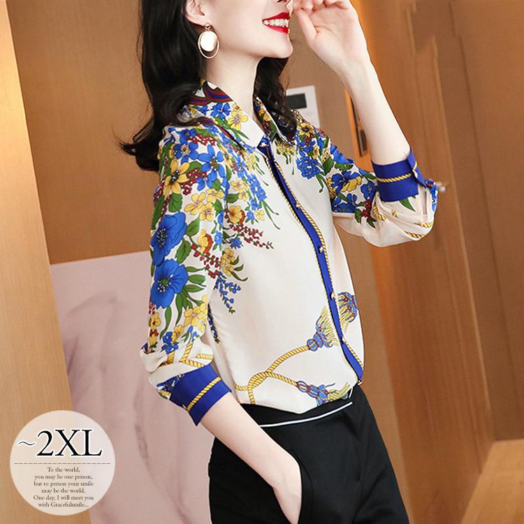 トップス ブラウス シャツ 長袖 襟付き ボタン 花柄 エレガント 上品 大人 クラシカル 華やか きれい色 ホワイト ブルーオシャレ 休日 可愛い お洒落 Rcc38 Rcc38 ライバルはデパートgracefulsmile 通販 Yahoo ショッピング