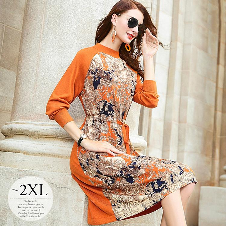 激安 即納 ワンピース ニットワンピ 花柄 リボン モックネック 長袖 膝丈 クラシカル エレガント オレンジ ブラウンモダン 美人 イベント清楚 Rce39 最先端 Www Skylanceronline Com