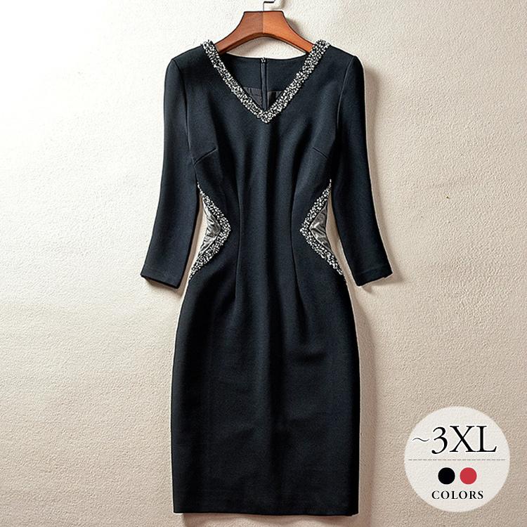 ドレス パーティドレス ワンピース タイトワンピ ビジュー 装飾 キラキラ Vネック モード レッド ブラックきれい デート イベント清楚 女子旅 Rck63 Rck63 ライバルはデパートgracefulsmile 通販 Yahoo ショッピング