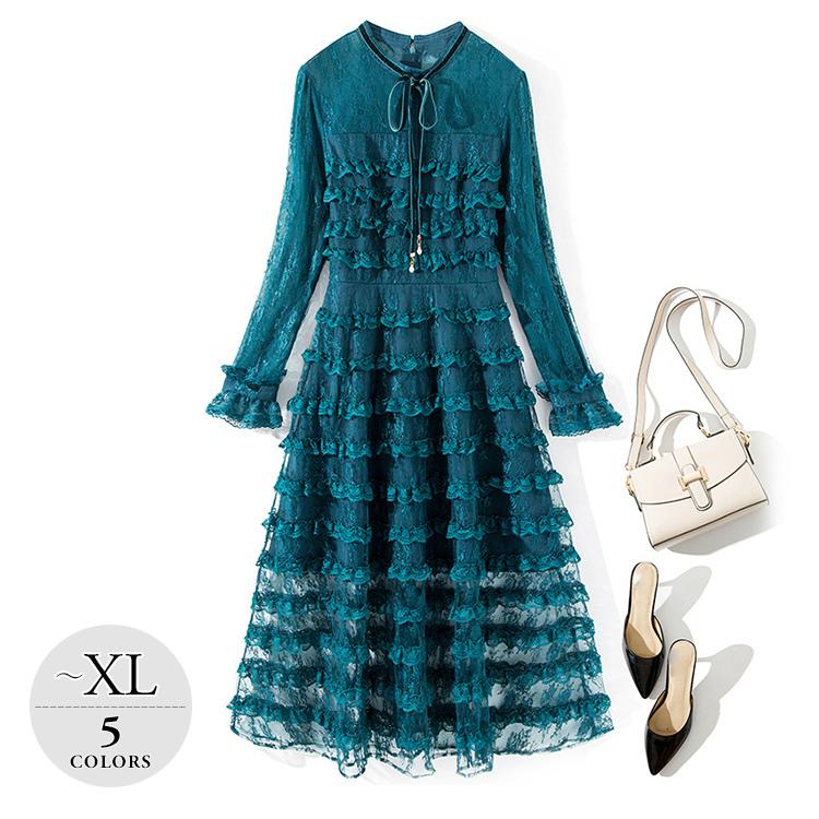 激安単価で ドレス パーティドレス ワンピース ティアードワンピース フリル レース 胸元リボン ゴージャス 華やか レッド グリーン ブラック グレー Rck86 新入荷 Kpiss Fm