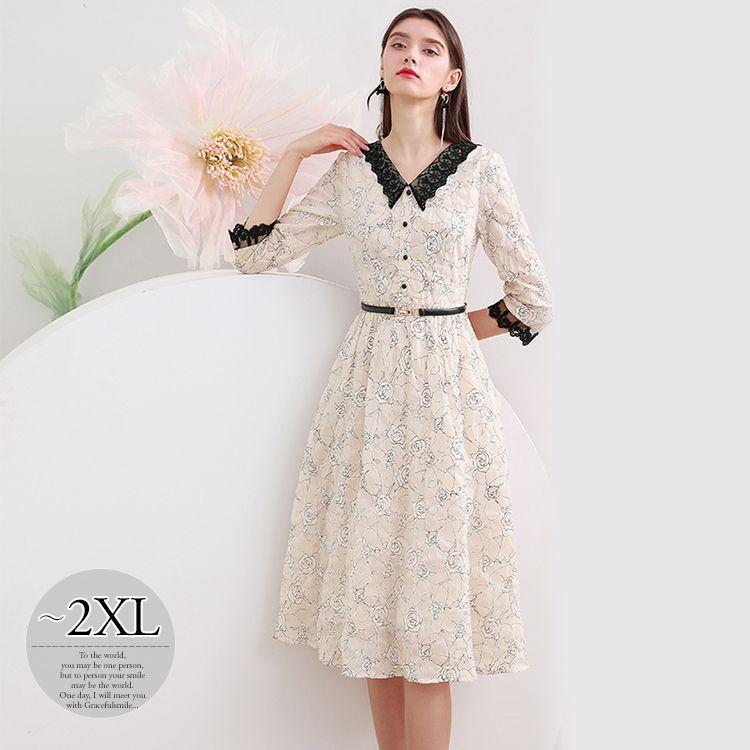 今年人気のブランド品や ウエストマーク レース 花柄 プリント柄 襟付き ワンピース 膝丈 ストリート Rem54 美人 クール 大人可愛い リゾート キレイ目 ママスタイル 休日スタイル 女子会 デート 母親 ガーリー 休日 食事会 女子旅 可愛い ドライブ かわいい 細見え