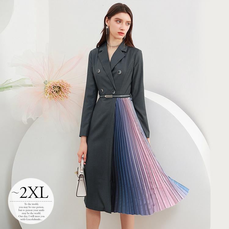 日本大セール ワンピース レディース 長袖 トレンチスタイル トレンチワンピース ダブルボタン プリーツ 膝丈 大人スタイル ベルト付き グレー リラックス Res42 値段 アウトレット North Hydroguam Net