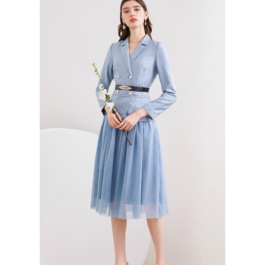 最新デザインの ブルー きれいめ 食事会 長袖 膝丈 ダブルボタン ジャケット チュール セットアップ風 ドッキングワンピ ワンピース 大人の余裕を感じさせる装い Size交換送料一部当店負担 ライトブルー お出かけ Res55 リラックス ワンピース チュニック Dagl Tg