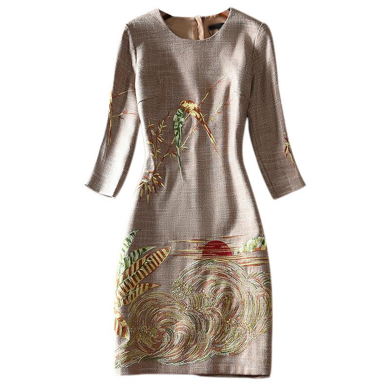 パーティー 結婚式 服装 ドレス ワンピース 披露宴 パーティードレス 刺繍 鳥 和テイスト タイトワンピ 膝丈 ラウンドネック ブラウン 魅力的 Res65 多様な