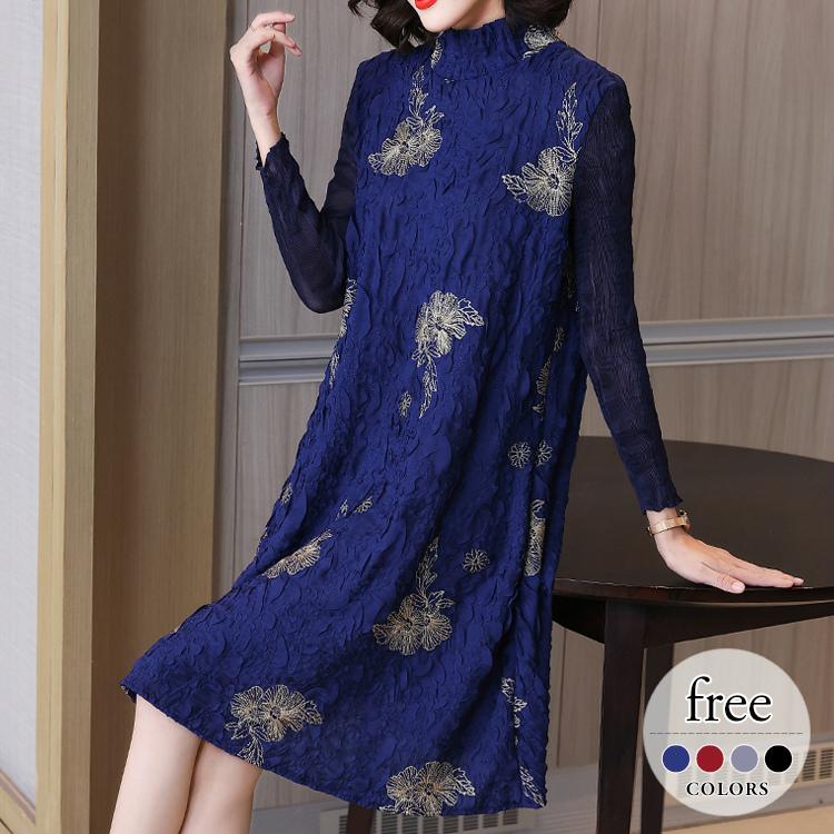 即発送可 ワンピース レディース モックネック 大人スタイル 花柄 長袖 膝丈 エレガント 上品 気品 レッド グレー ブラック ネイビー ミセス モダン お出かけ Rex05 人気デザイン Www Superavila Com