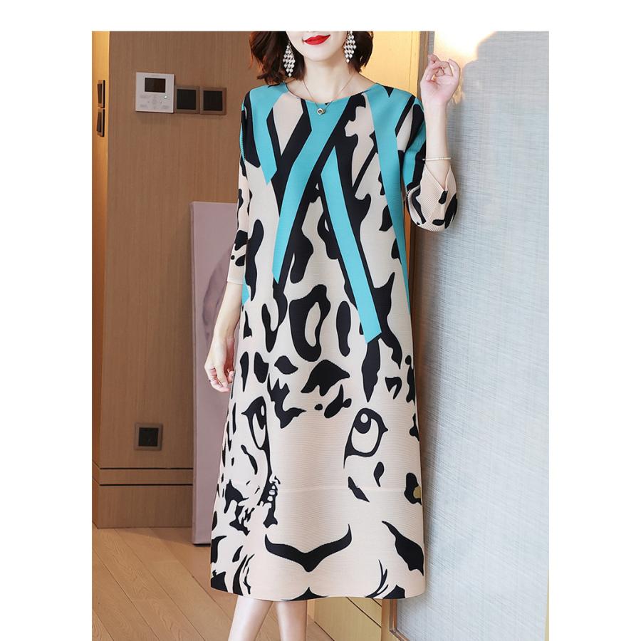 春先取りの アニマル柄 総柄 膝下丈 七分袖 レディース ワンピース 服装 結婚式 パーティー 虎 ナチュラル Rex32 ベージュ ラウンドネック バイカラー イラスト ワンピース カラー 1 Color Pathwaysfl Org