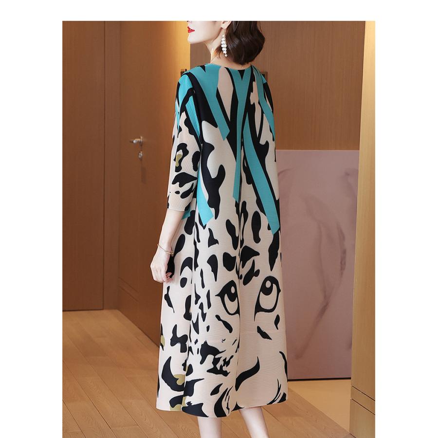 春先取りの アニマル柄 総柄 膝下丈 七分袖 レディース ワンピース 服装 結婚式 パーティー 虎 ナチュラル Rex32 ベージュ ラウンドネック バイカラー イラスト ワンピース カラー 1 Color Pathwaysfl Org