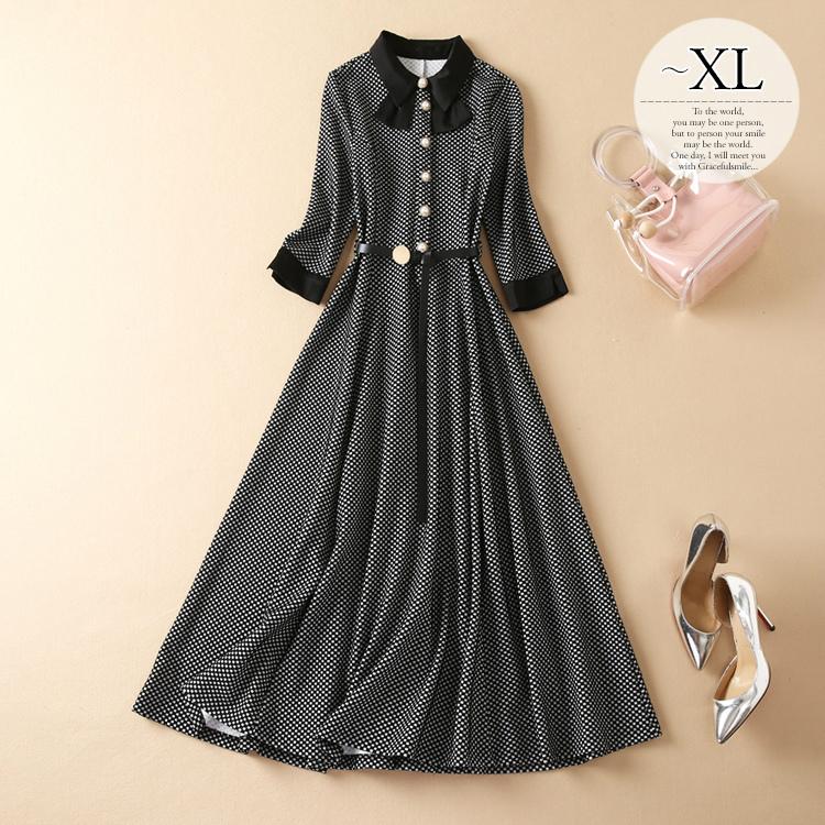 通販安い ワンピース レディース ロングワンピース 七分袖 チェッカー柄 パール調 モノトーン リボンカラー 大人可愛い ガーリー キュート ブラック 母親 Rex43 ブランド ストア Kahucrossfit Com