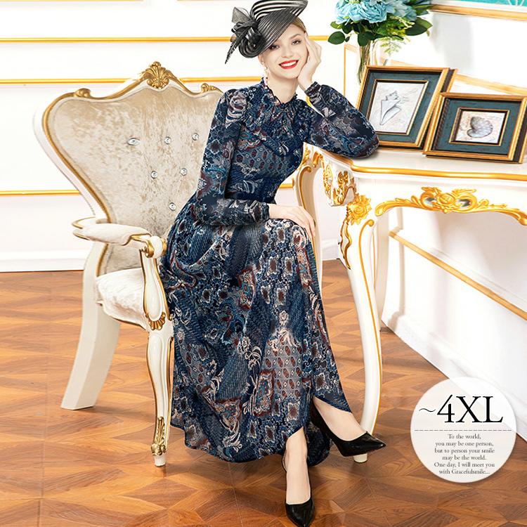 ワンピース ロングワンピース 総柄 ヨーロピアン スタンドカラー 長袖 シフォン フリル クラシカルコーデ ブルー ネイビー お出かけ シンプル ミセス Rga35 Rga35 ライバルはデパートgracefulsmile 通販 Yahoo ショッピング