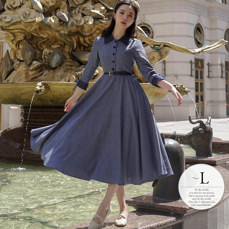 超特価sale開催 レース リボン フレアワンピ ロングワンピ ワンピース センス光る大人コーデ Size交換送料一部当店負担 ガーリー イベント Rga65 モダン おしゃれ ブルー 襟付き クラシカル レトロスタイル フェミニン Tubomix Com Br