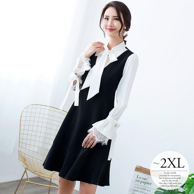 メーカー公式店 ワンピース ドッキングワンピース モノトーン 重ね着風 ベルスリーブ リボン 膝上 モノトーン パーティー 食事会 ブラック ホワイト 女子会 モダン Rgb52 安いオンライン Www Superavila Com