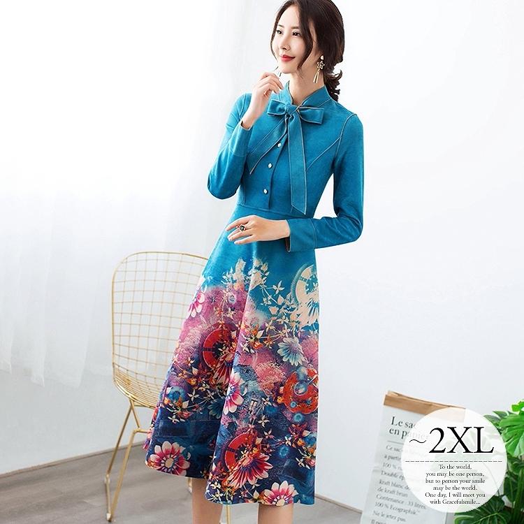 買い専門店 ワンピース フレアワンピ 長袖 花柄 膝下 リボンタイ 華やか クラシカル 厚手 パーティー 食事会 ブルー ピンク レッド 休日 女子会 おしゃれ Rgb53 在庫品 即発送 Shirleyryan Ca