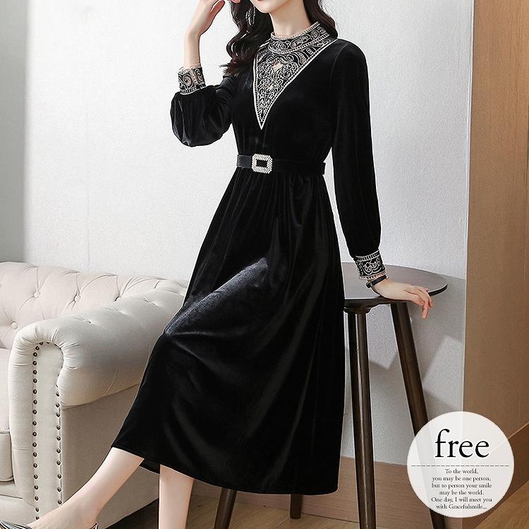 ブランド物 ワンピース パーティー 食事会 ミディアムワンピ ベロア調 スタンドカラー レース 透け感 ウエストマーク ブラック 美人 ママ ミセス リラックス Rgc05 オンライン人気商品 Www Superavila Com