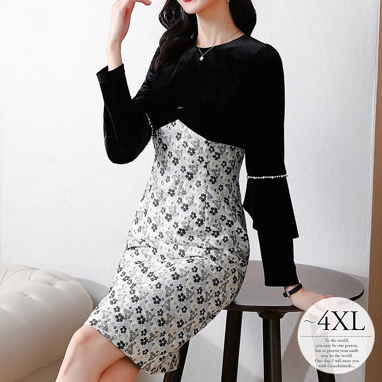 限定版 ドッキング ショートワンピ 食事会 パーティー ワンピース 上質な質感とリッチなデザイン Size交換送料一部当店負担 ベロア調 ミセス Rgc08 ブルー ホワイト ブラック 長袖 膝上丈 パール調 フローラル柄 お花柄 ワンピース チュニック