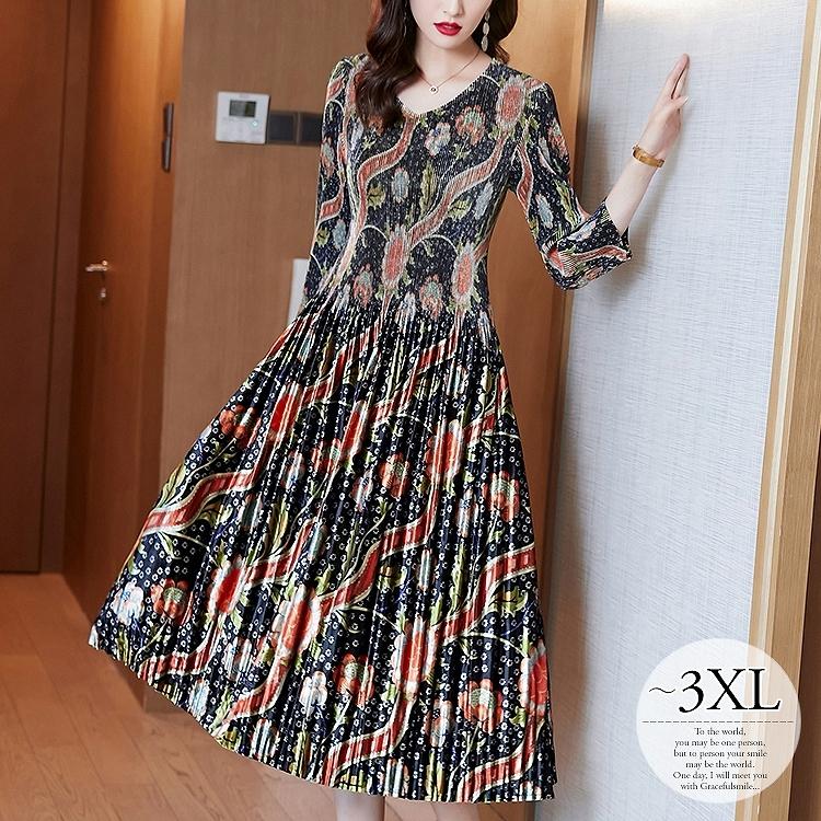 定番のお歳暮 冬ギフト お花柄 プリーツワンピース ミディアムワンピ 食事会 パーティー ワンピース 女子力アップときめきアイテム Size交換送料一部当店負担 フローラル柄 お出かけファッション Rgc29 ブラック 膝下丈 長袖 エレガント ワンピース チュニック