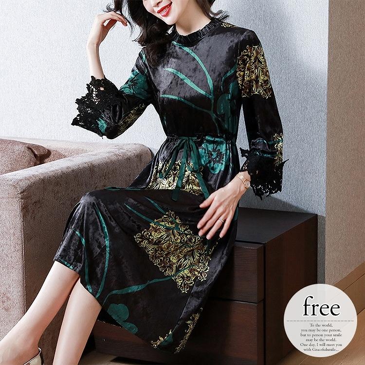 オンラインプロモーション ワンピース フレアワンピース ベロア調 花柄 長袖 レース ウエストマーク パーティー 食事会 ブラック グリーン ゴールド ママ おしゃれ モダン Rgc47 正規店販売 Www Superavila Com