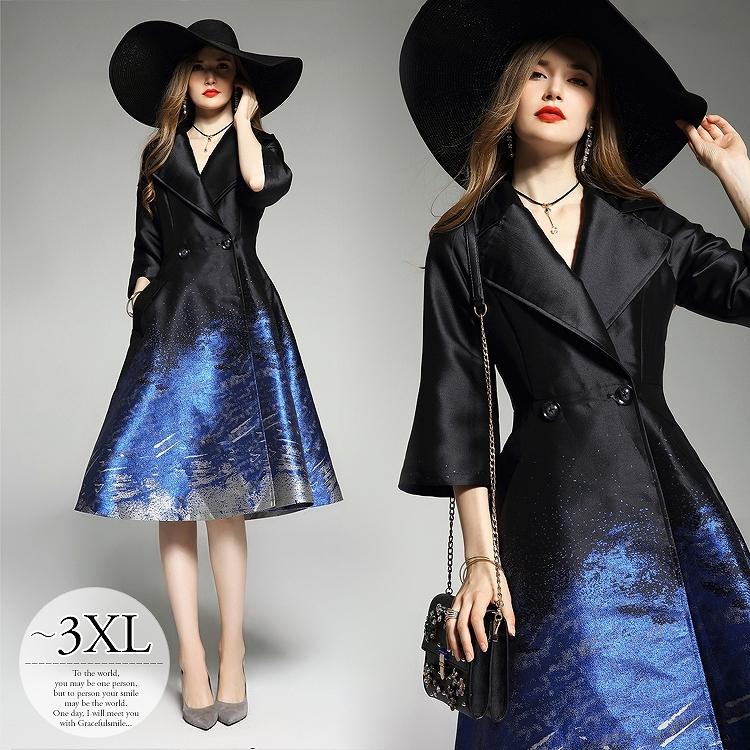 現品限り一斉値下げ 七分袖 ダブルボタン フレア ミディアム丈 アウター コート レイヤードを楽しむ私流 Size交換送料一部当店負担 光沢感 レディース Rge07 リラックス シルバー ブルー ブラック 食事会 パーティー 披露宴 結婚式 コート アウター