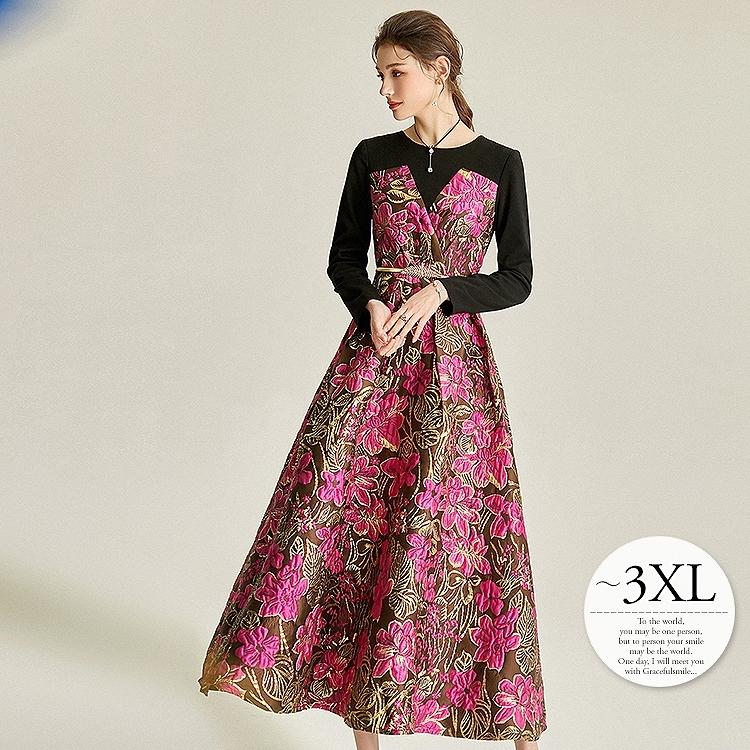 購入廉価 ドレス パーティードレス ロングワンピース 花柄 立体感 ドッキング 長袖 ゴージャス 結婚式 披露宴 パーティー 食事会 ピンク ゴールド おしゃれ Rge14 新品 当店売れ筋 Www Pesticon Sg