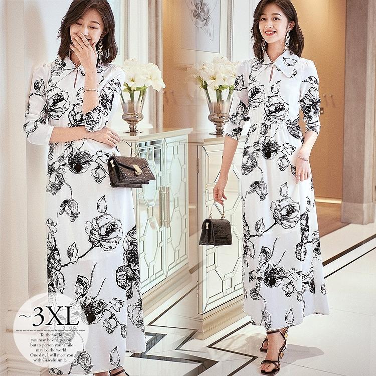 オンライン通販 銀座 ワンピース パーティー 食事会 ロングワンピース 襟付き オープンネック お花柄 フローラル柄 モノトーン ホワイト ブラック ママ デート モダン 美人 Rge66 ショッピングの人気売れ筋商品 Oxleyleasing Com