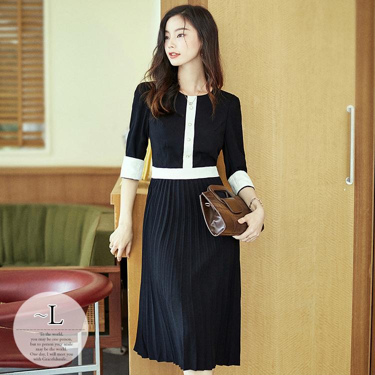 値下げ情報 ワンピース プリーツワンピース ラウンドネック 五分袖 ツートンカラー 無地 モノトーン ボタン シック クラシカルコーデ ブラック リラックス Rgh15 純正超安い Kerkuk Net