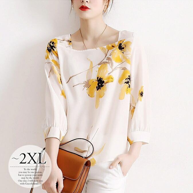 シルク トップス ブラウス シャツ チュニック レディース 大きいサイズ 母親 夏 きれいめ ホワイト 花柄 ひまわり シンプル 上品 とろみ 着回し Tas Tas ライバルはデパートgracefulsmile 通販 Yahoo ショッピング