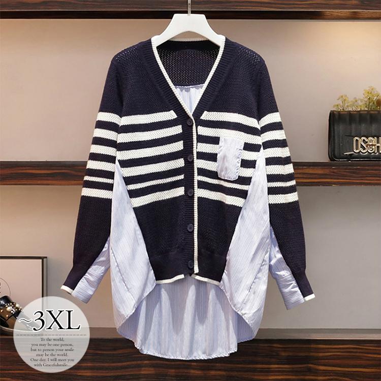 トップス カーディガン シャツ セーター 異素材 ボーダー ピンストライプ ボーダー カジュアル デイリー ゆったり ブラック ライトブルーママ Tco34 Tco34 ライバルはデパートgracefulsmile 通販 Yahoo ショッピング