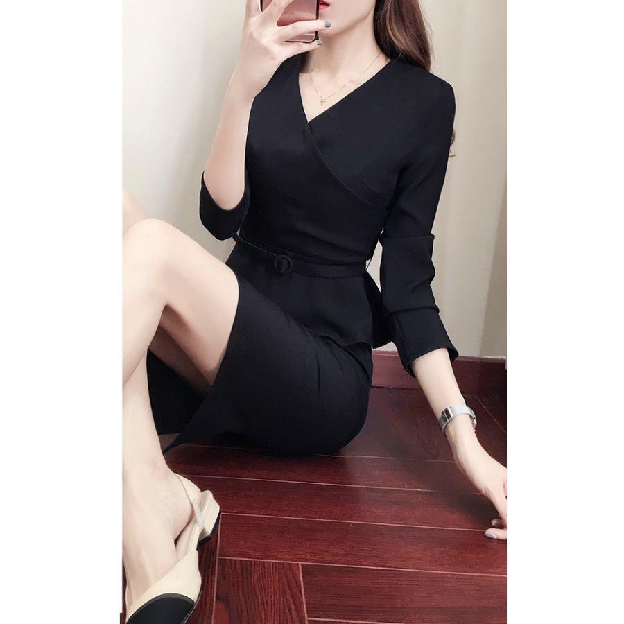 速達メール便 ワンピース タイトワンピ Vネック ペプラム 膝丈 長袖 脚長効果 シンプル エレガント セクシー クール ブラックデート お出かけ 休日 お洒落 楽 Tcs70 無料長期保証 Toscelikspecialsteel Com