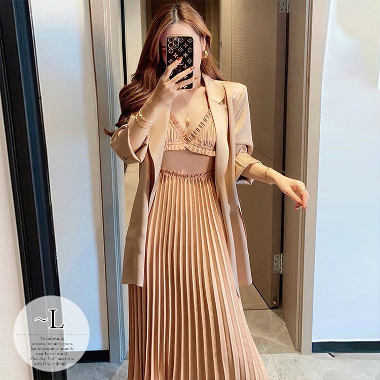 Expectation ワンピーススーツ アンサンブル ロング丈 キャミワンピ プリーツ ワンカラー エレガント ベージュセレモニー 清楚 女子旅 レディース Tee14 還元祭 Skylanceronline Com