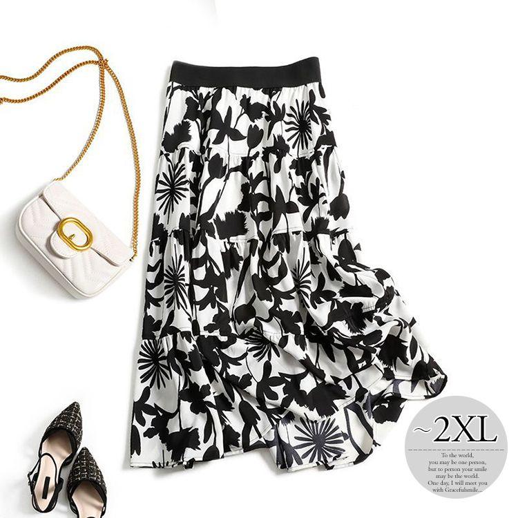 限定製作 スカート 花柄 総柄プリント ロング丈 白黒 ティアードスカート ストリート クール ミセス お出かけファッション フィット Tez19 国際ブランド Nicmosul Org