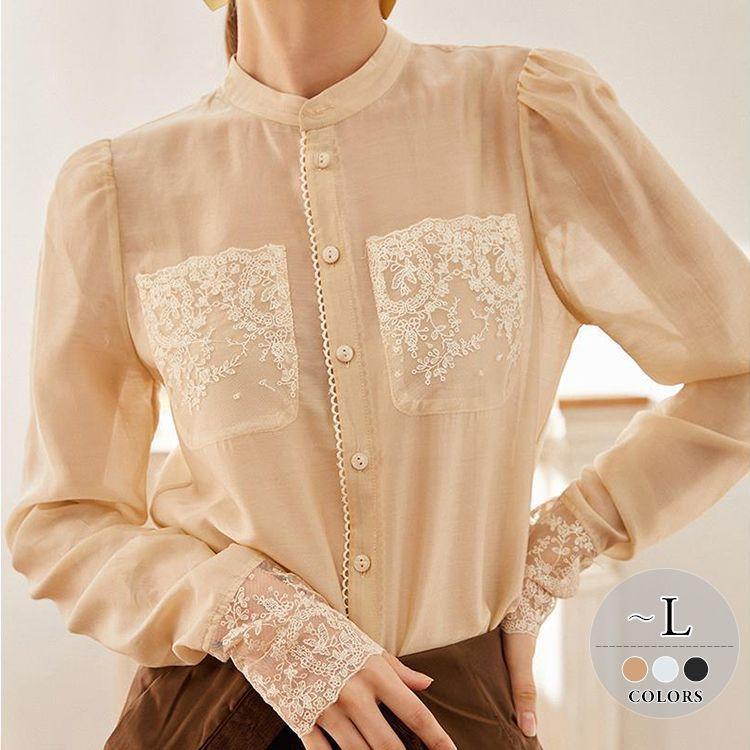 新品本物 ママスタイル Thb32 女子会 可愛い 上品 クール ママ 大人可愛い フェミニン 甘め ロマンティック ボタン レース 袖レース トップス シャツ シンプルで王道な清楚系デザイン Size交換送料一部当店負担 シャツ ブラウス