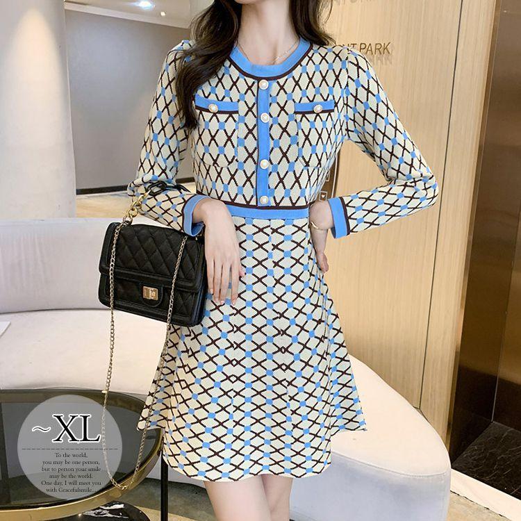 海外 で 買う ワンピース チェック柄 ラウンドネック ニット Aライン ボタン ストリート 女子旅 お出かけファッション フェミニン 清楚 休日スタイル 上品 デート Thc09 激安直営店 Www Superavila Com