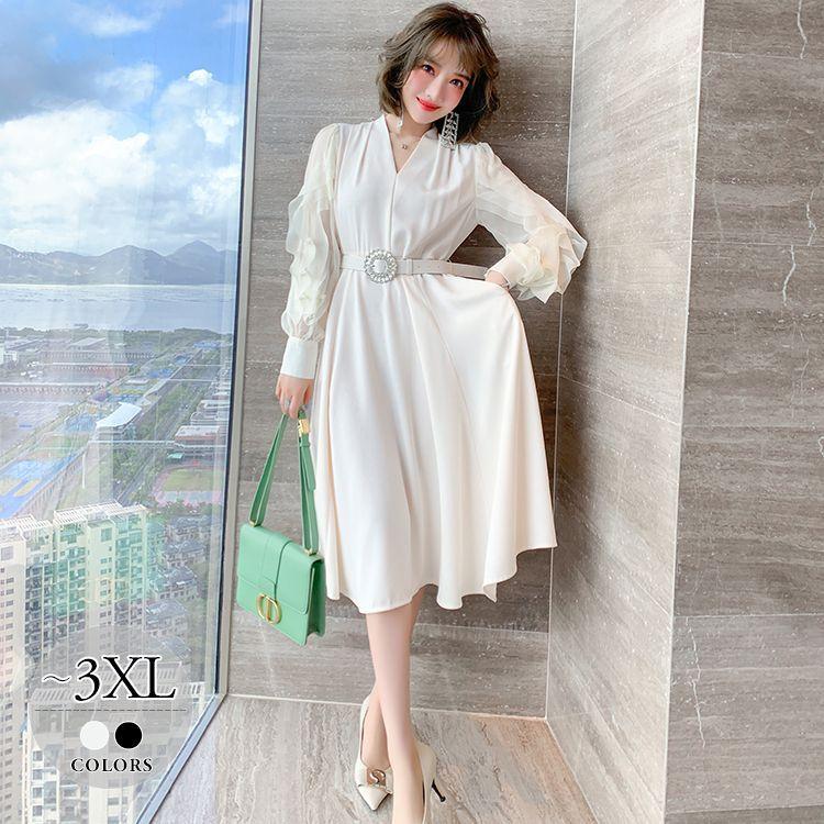 高い素材 食事会 エレガント お出かけ かわいい パーティースタイル お呼ばれ ワインイベント ベルト Vネック 長袖 ワンピース フワっとしたデザインにアクセントを Size交換送料一部当店負担 二次会 大人可愛い Thi38 ガーリー ワンピース チュニック Dagl Tg