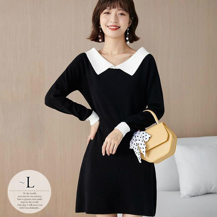 新作販売 ニットワンピース レディース ミニワンピース 長袖 バイカラー モノトーン シック パール調 大人可愛い くびれ ブラック おしゃれ 可愛い ミセス Ths19 最 安値 買取 Shirleyryan Ca