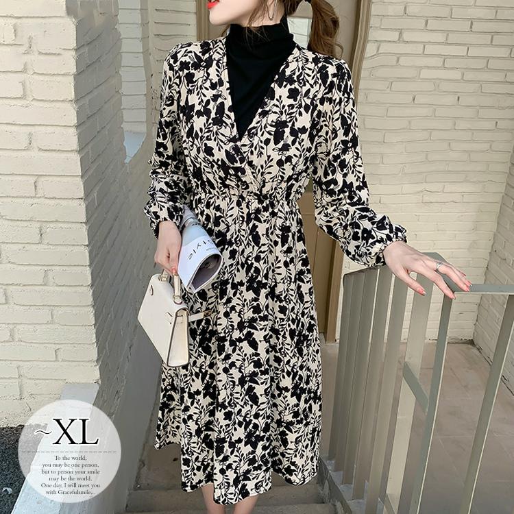 肌触りがいい パーティー 結婚式 服装 ロングワンピース レディース フレアワンピ 長袖 花柄 モノトーン スカラップ フレア シフォン ハイネック エレガント 母親 Tim52 ワンピース サイズ M Raffles Mn