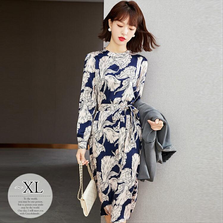 格安新品 前リボン モックネック 総柄 長袖 膝丈 レディース ワンピース 服装 結婚式 パーティー 大人フェミニン ベーシック Tit50 きれいめ オフィスカジュアル ワンピース サイズ M