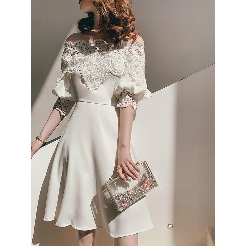 ドレス パーティードレス ロングドレス ワンピース レース オフショル ワンカラー 五分袖 七分袖 清楚 フェミニン 膝丈 ホワイト ブラック レッド 清楚 Wea08 Wea08 ライバルはデパートgracefulsmile 通販 Yahoo ショッピング