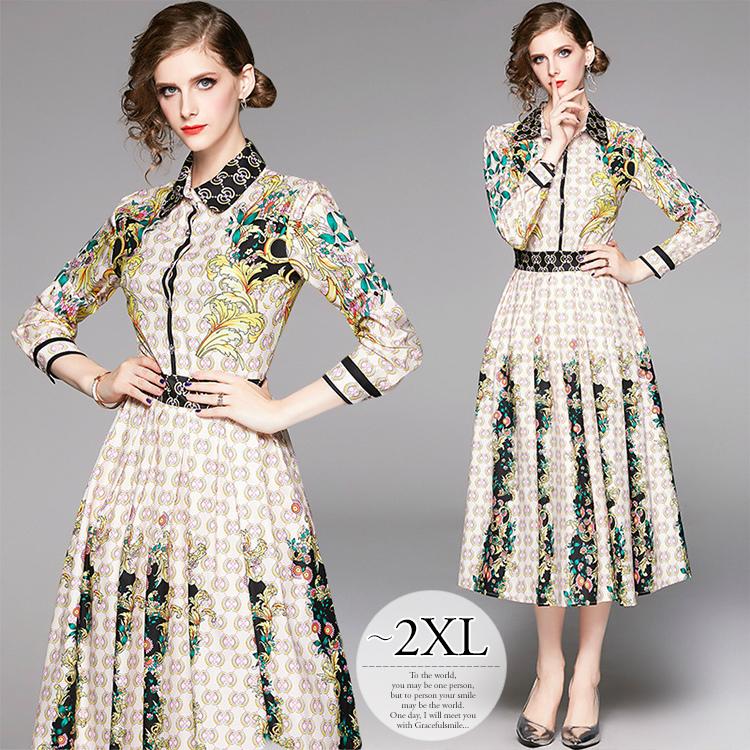 人気定番 ドレス ワンピース ロング丈 襟付き ボタン 総柄 花柄 華やか ゴージャス エレガント 長袖 ホワイト ブラック イエローお出かけファッション 母親 Wec10 Sale 30 Off Www Skylanceronline Com