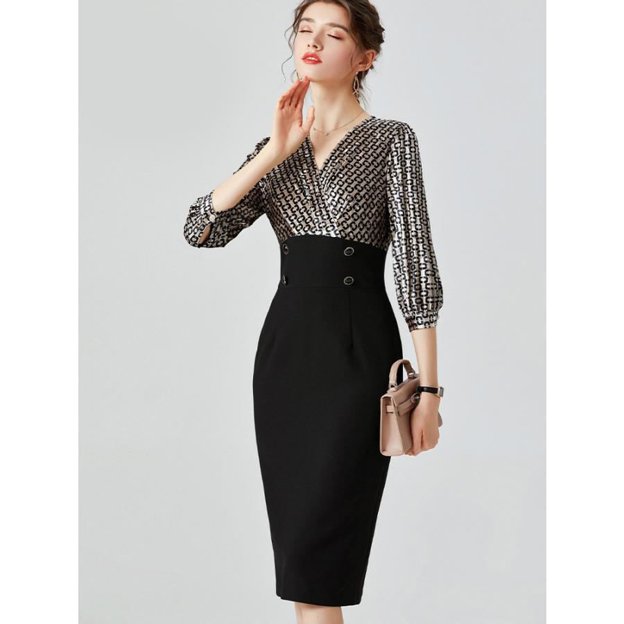 お洒落 ドレス ワンピース タイトワンピ ハイウエスト Vネック 光沢感 7分袖 バイカラー パーティーコーデ ブラック ベージュ パーティースタイル リモート Wei36 Wei36 ライバルはデパートgracefulsmile 通販 Yahoo ショッピング 24時間限定 Www